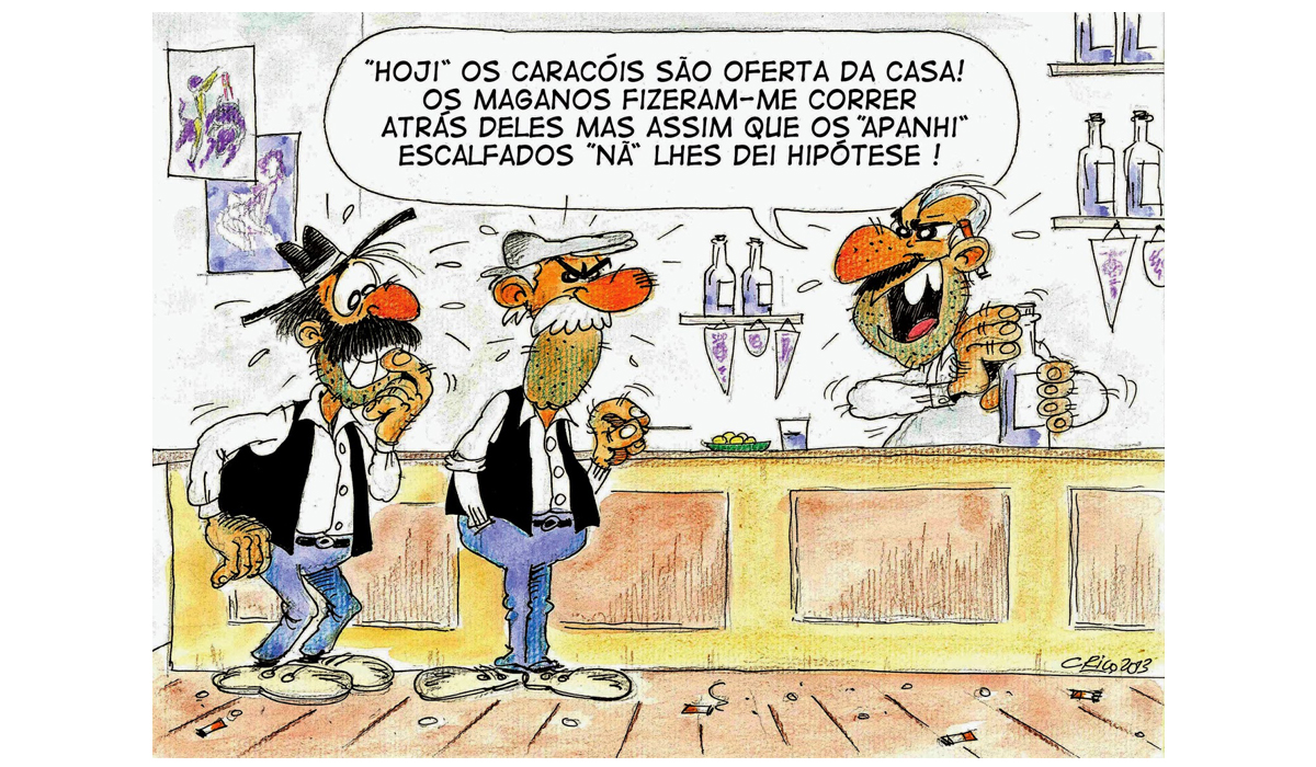então compadre!? desenho caricatural com taberneiro a contar anedotas sobre caracóis